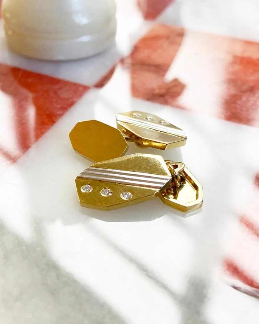 Gemelli da polso in oro giallo e argento, design geometrico scanalato con piccoli diamanti